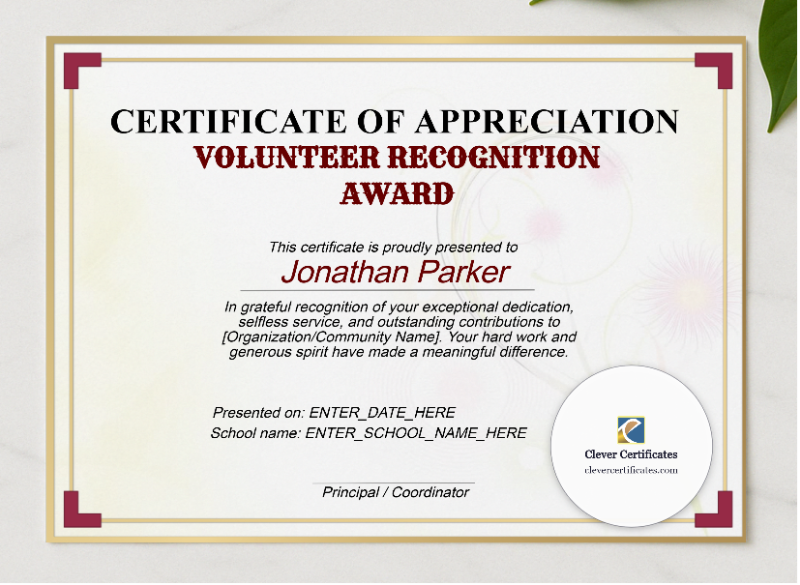 Volunteer Recognition Award presented in a sleek wooden frame, elegantly arranged on a stylish table.