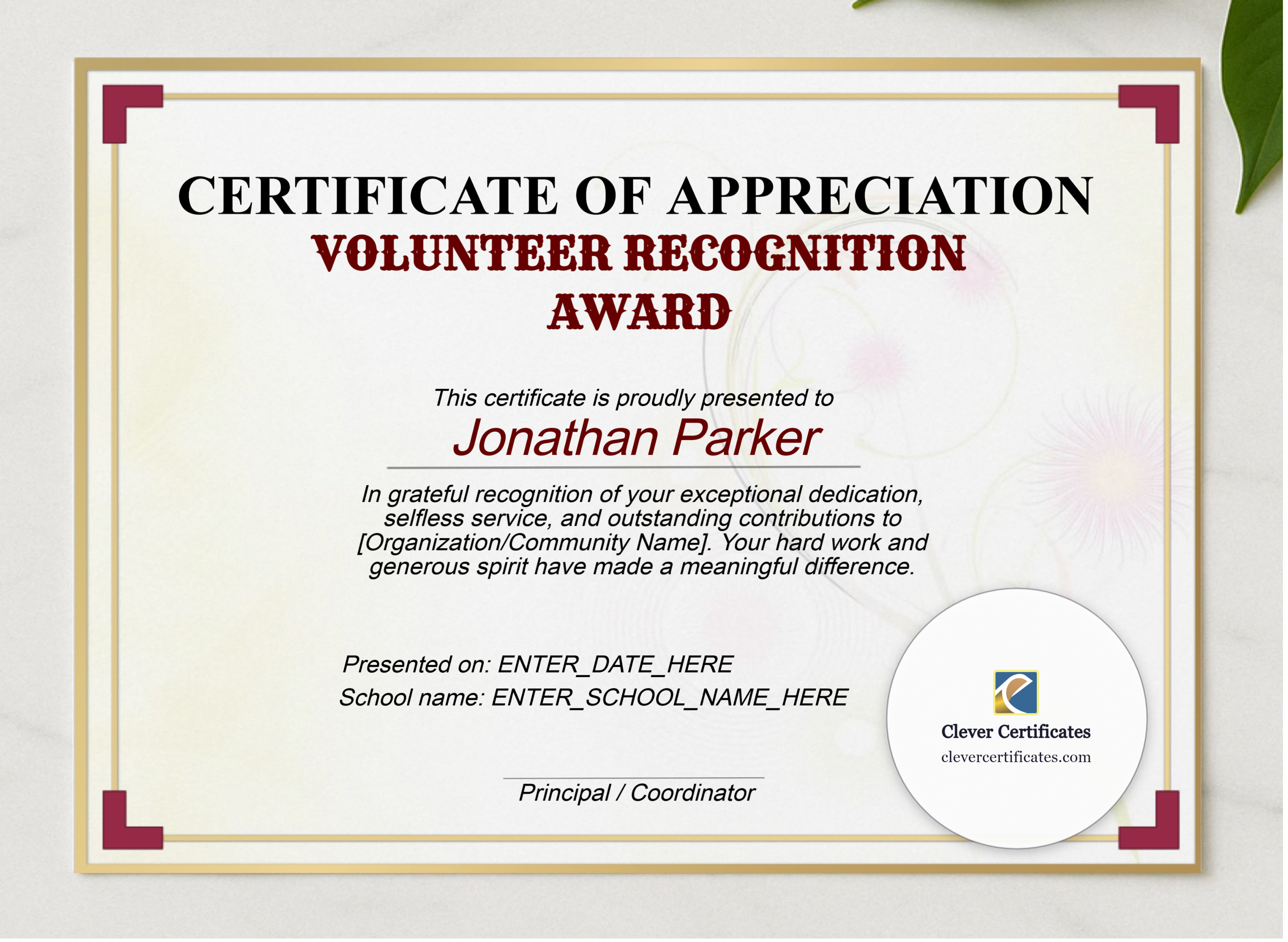 Volunteer Recognition Award presented in a sleek wooden frame, elegantly arranged on a stylish table.