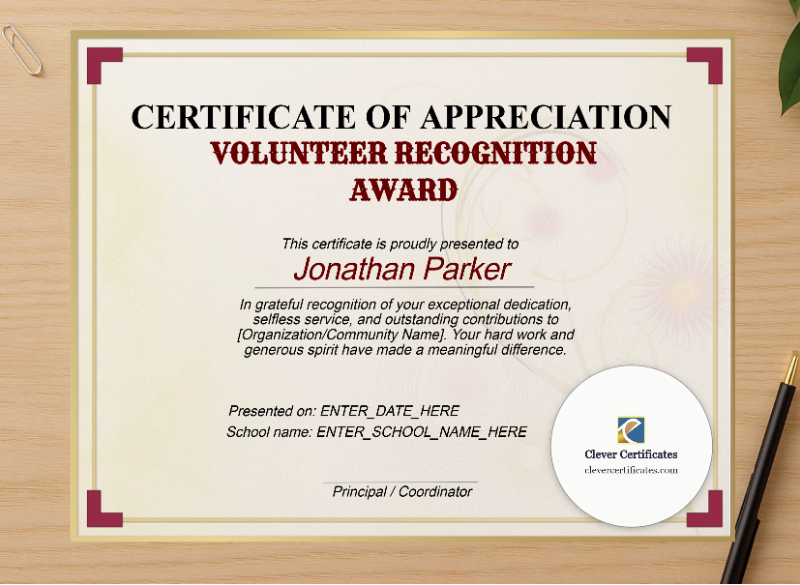 Professional preview of Volunteer Recognition Award certificate on high-quality stationery paper, ideal for showcasing the final look.