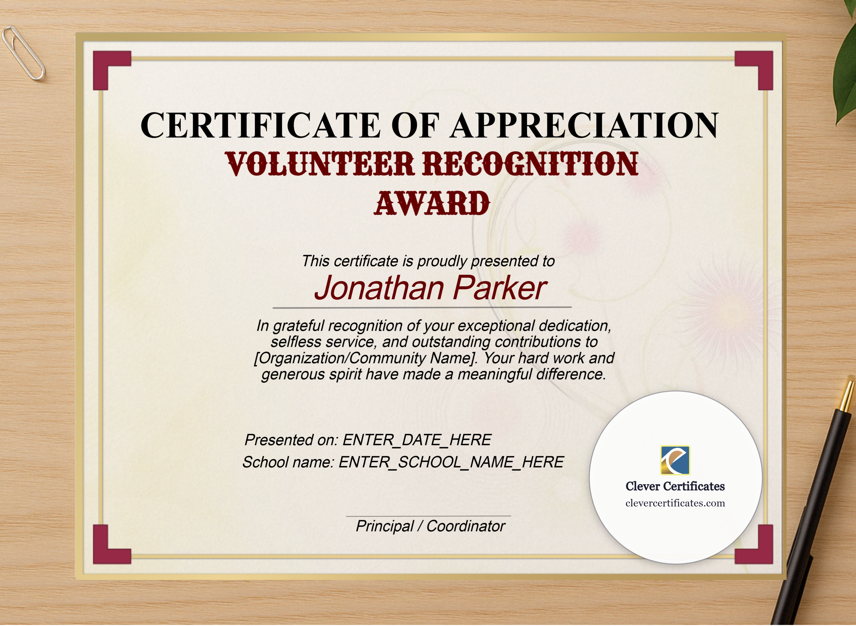 Professional preview of Volunteer Recognition Award certificate on high-quality stationery paper, ideal for showcasing the final look.