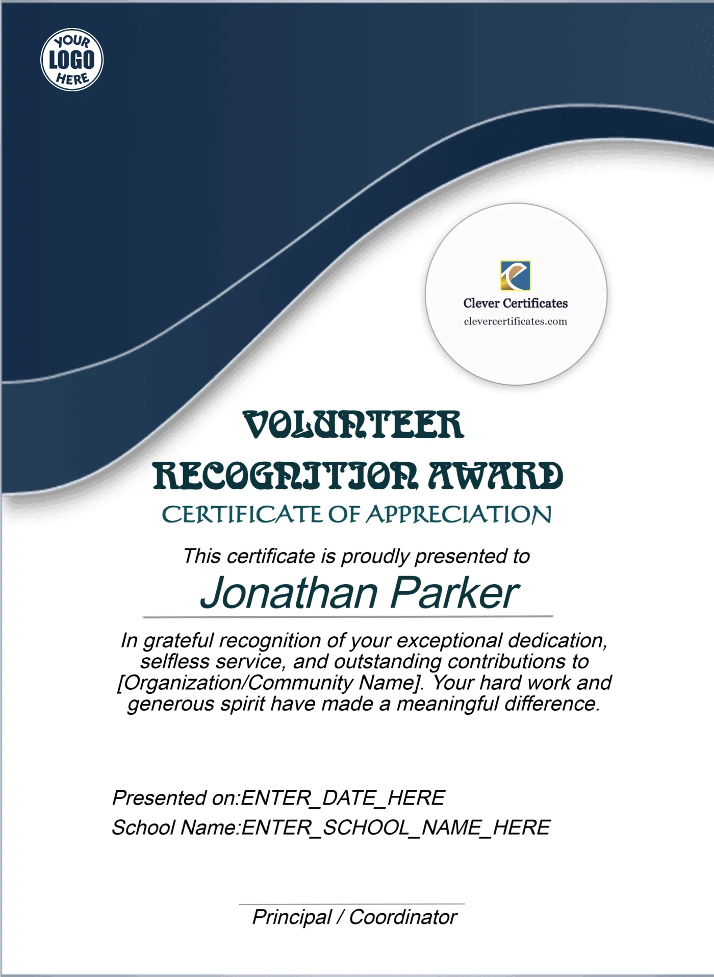 Volunteer Recognition Award Portrait — Certificate Template Preview