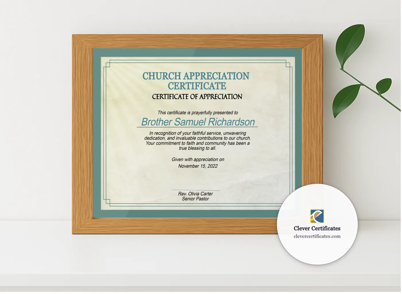 Realistic mockup featuring Church Appreciation Certificate displayed within a modern frame, set against a minimalistic background.