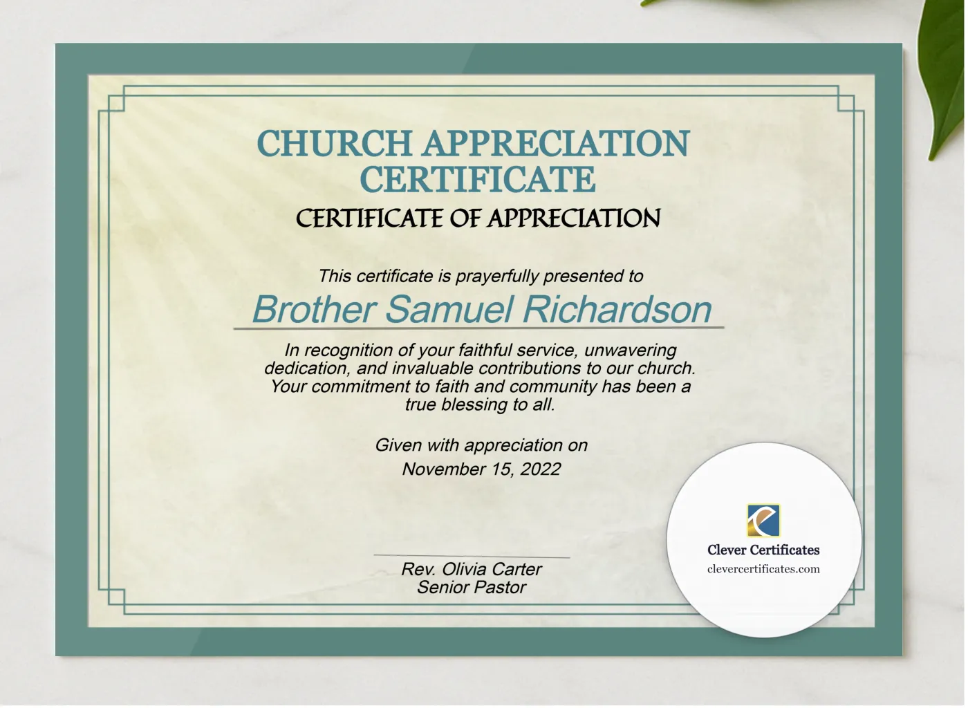 Church Appreciation Certificate presented in a sleek wooden frame, elegantly arranged on a stylish table.