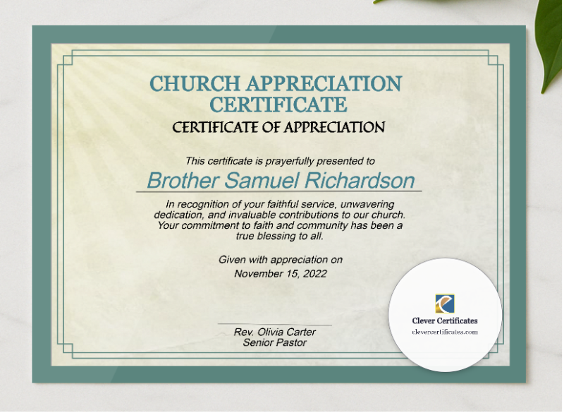 Church Appreciation Certificate presented in a sleek wooden frame, elegantly arranged on a stylish table.
