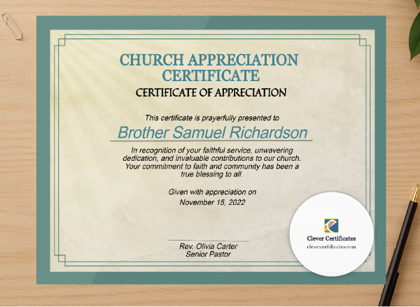Professional preview of Church Appreciation Certificate certificate on high-quality stationery paper, ideal for showcasing the final look.