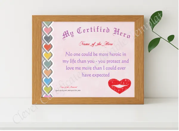 Realistic mockup featuring My Certified Hero Certificate displayed within a modern frame, set against a minimalistic background.