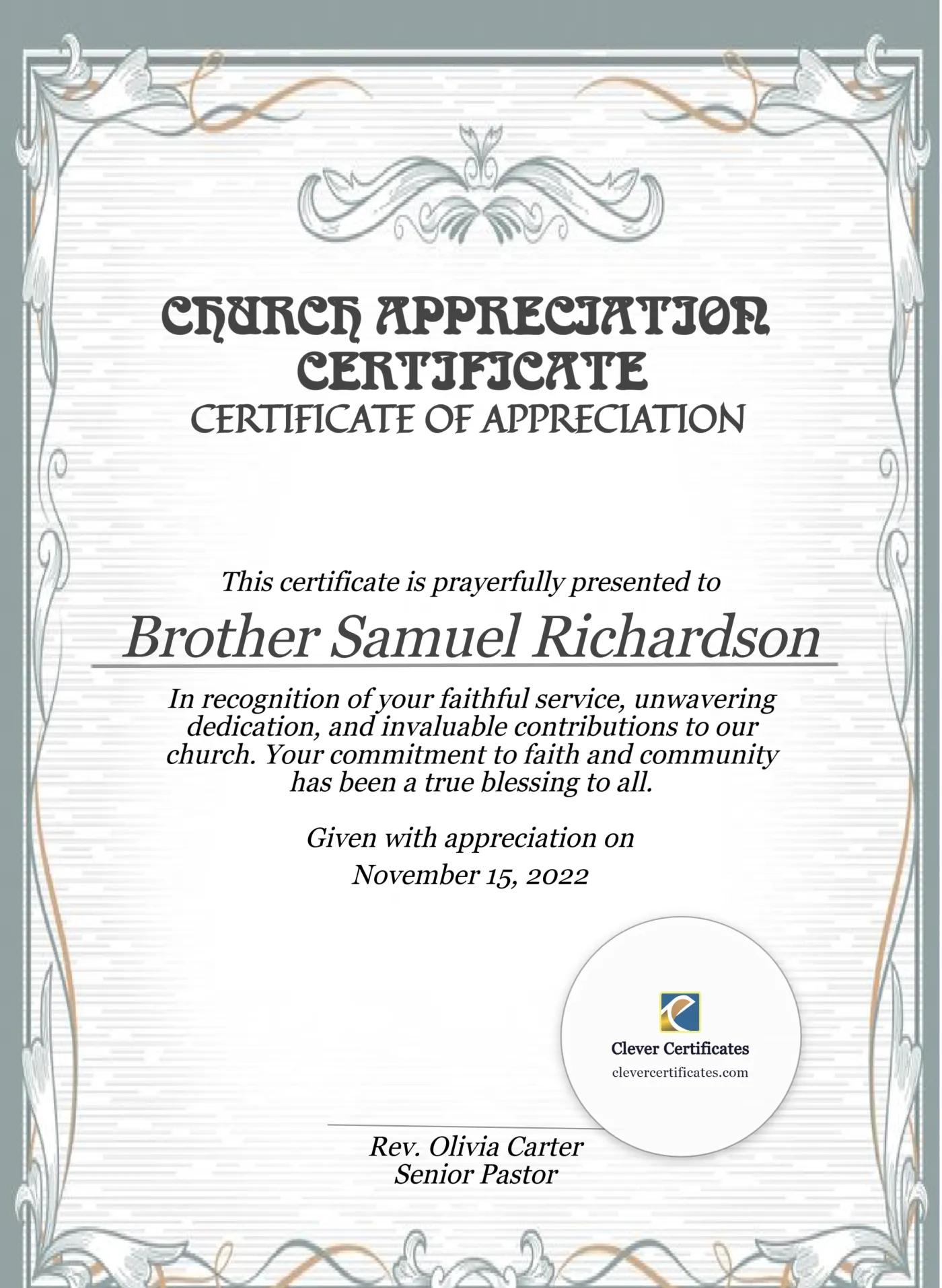 Church Appreciation Certificate Portrait — Certificate Template Preview