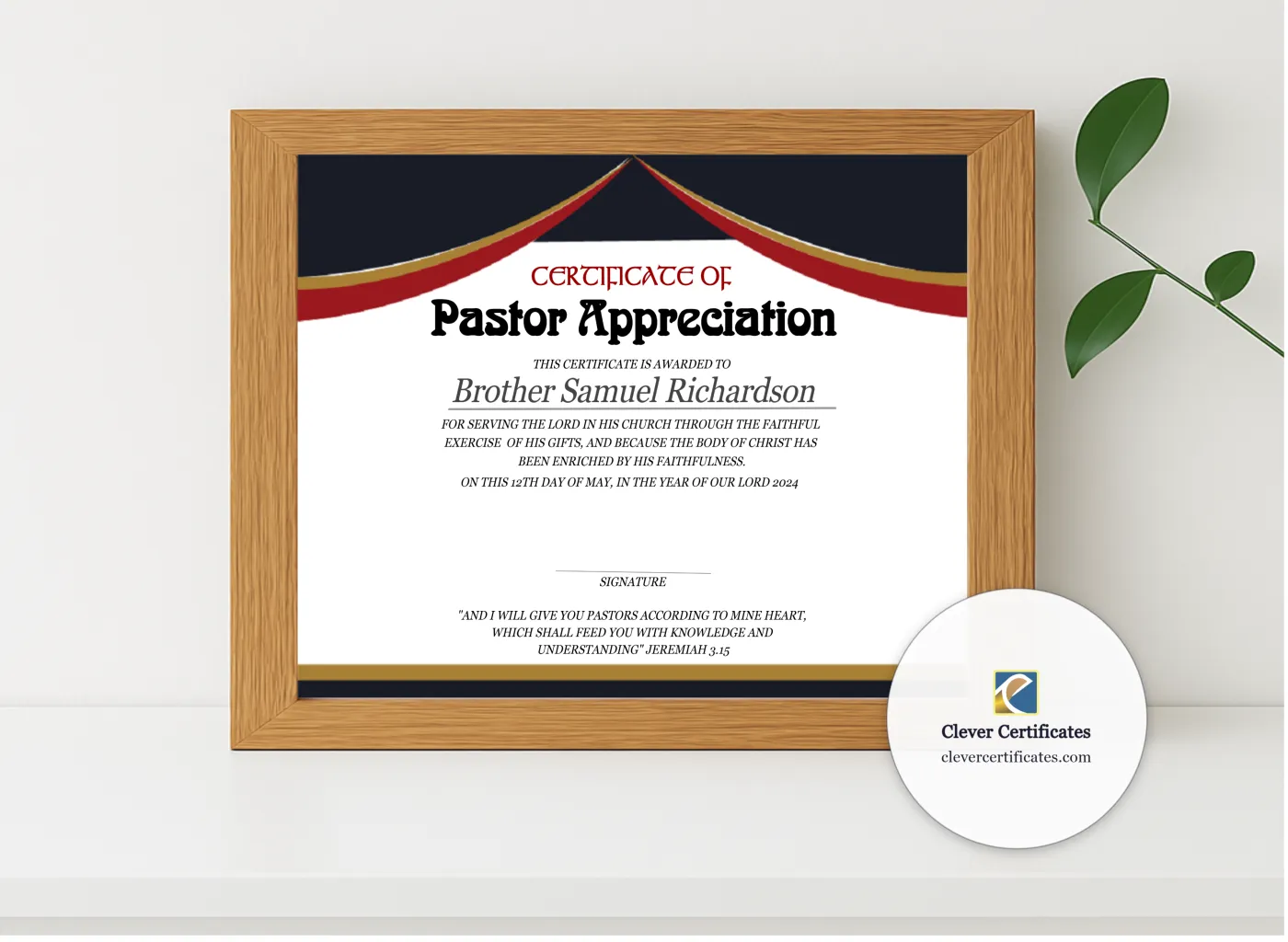 Realistic mockup featuring Pastor Appreciation Certificate displayed within a modern frame, set against a minimalistic background.
