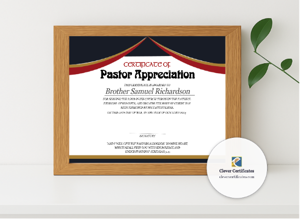 Realistic mockup featuring Pastor Appreciation Certificate displayed within a modern frame, set against a minimalistic background.