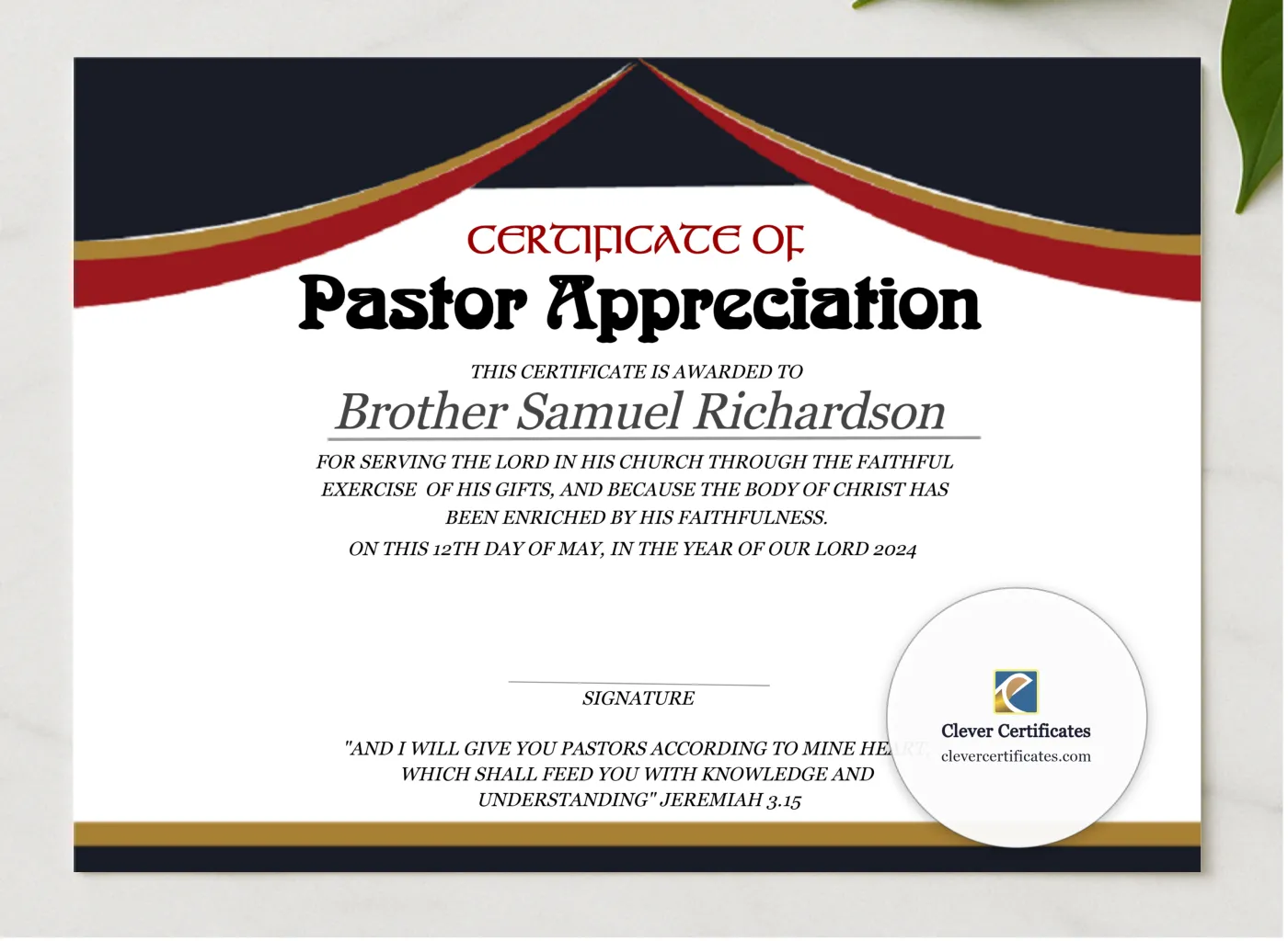 Pastor Appreciation Certificate presented in a sleek wooden frame, elegantly arranged on a stylish table.