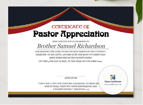 Pastor Appreciation Certificate presented in a sleek wooden frame, elegantly arranged on a stylish table.