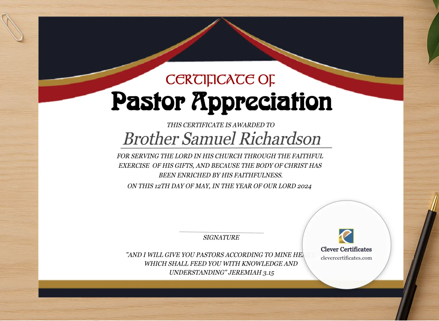 Professional preview of Pastor Appreciation Certificate certificate on high-quality stationery paper, ideal for showcasing the final look.
