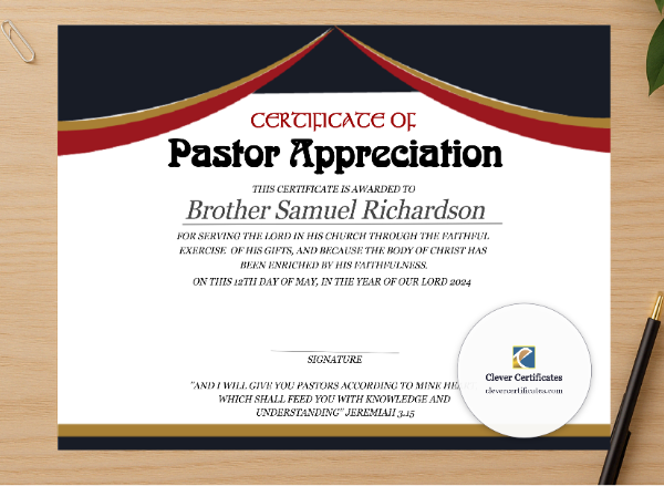 Professional preview of Pastor Appreciation Certificate certificate on high-quality stationery paper, ideal for showcasing the final look.