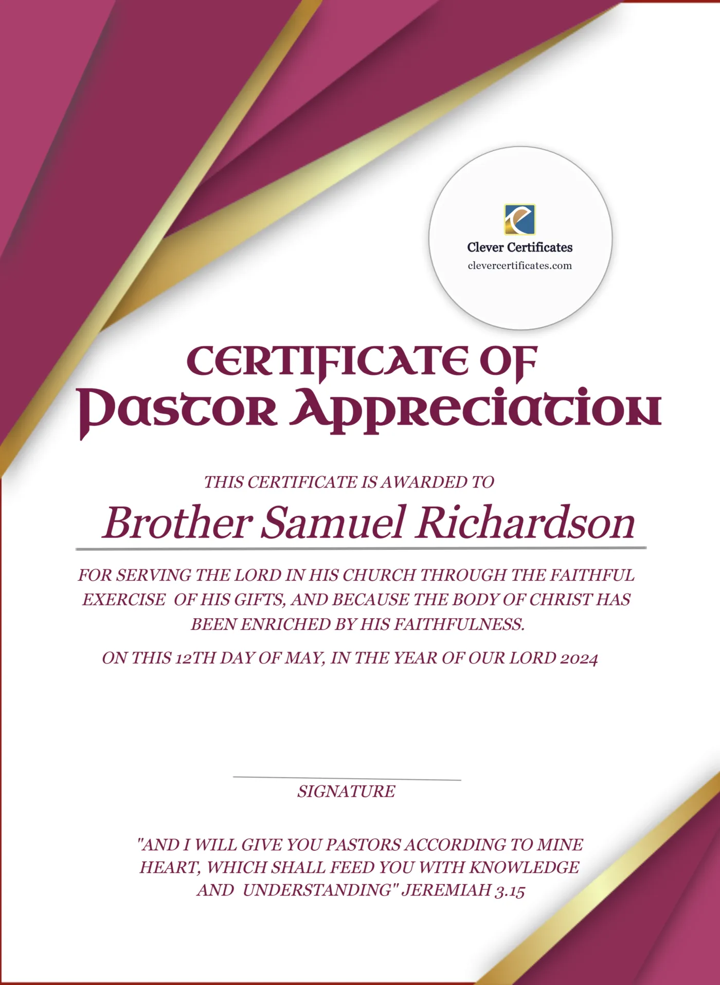 Pastor Appreciation Certificate Portrait — Certificate Template Preview