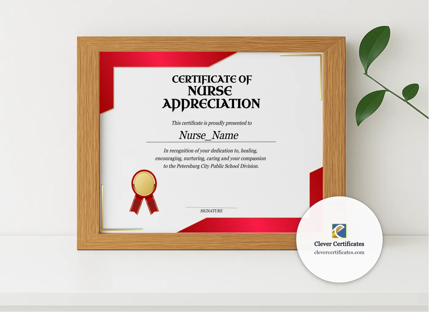 Realistic mockup featuring Nurse Appreciation Certificate Landscape displayed within a modern frame, set against a minimalistic background.
