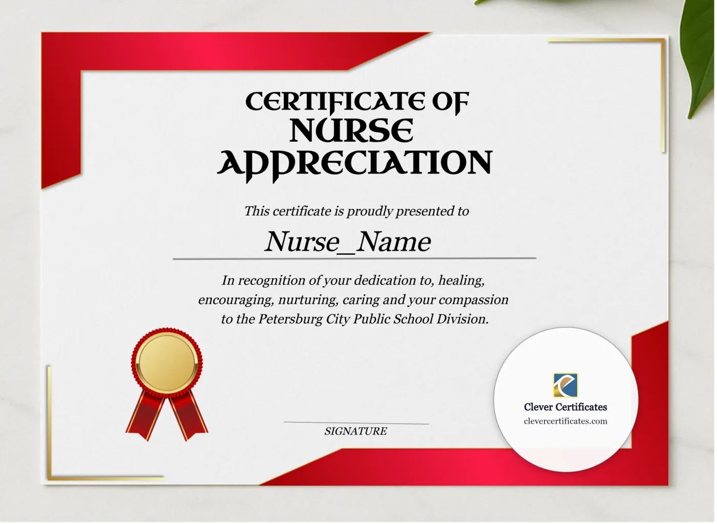 Nurse Appreciation Certificate Landscape presented in a sleek wooden frame, elegantly arranged on a stylish table.