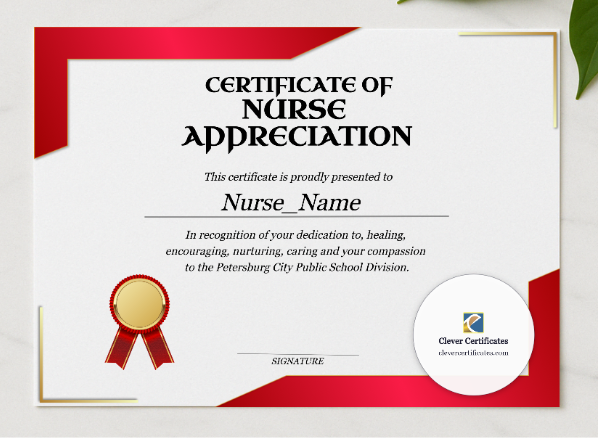 Nurse Appreciation Certificate Landscape presented in a sleek wooden frame, elegantly arranged on a stylish table.