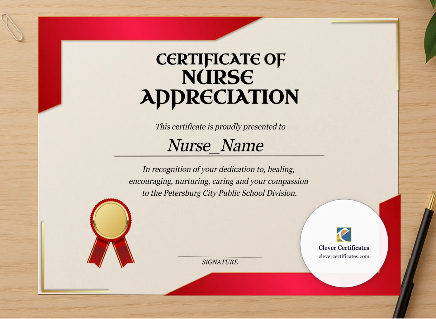 Professional preview of Nurse Appreciation Certificate Landscape certificate on high-quality stationery paper, ideal for showcasing the final look.