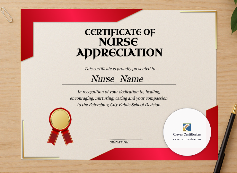 Professional preview of Nurse Appreciation Certificate Landscape certificate on high-quality stationery paper, ideal for showcasing the final look.
