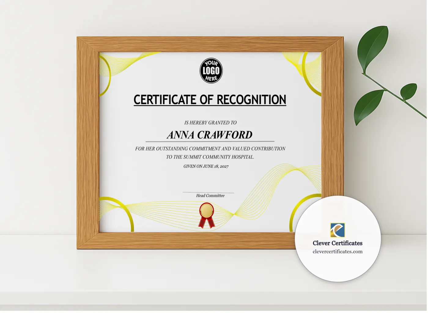 Realistic mockup featuring Healthcare Worker Appreciation Certificate displayed within a modern frame, set against a minimalistic background.