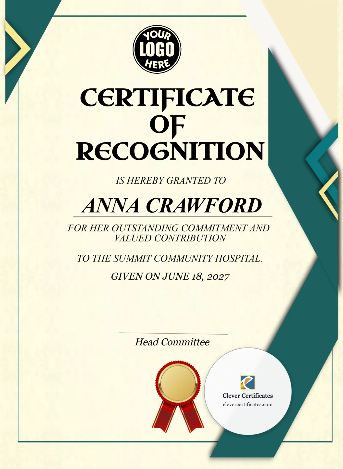 Healthcare Worker Appreciation Certificate Portrait — Certificate Template Preview