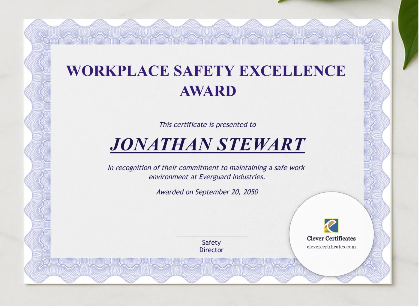 Safety Award Certificate presented in a sleek wooden frame, elegantly arranged on a stylish table.