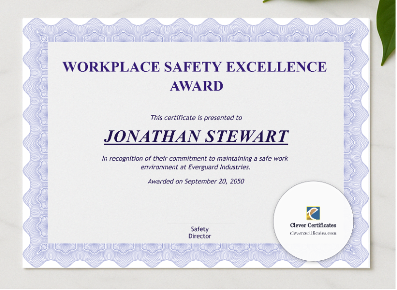 Safety Award Certificate presented in a sleek wooden frame, elegantly arranged on a stylish table.