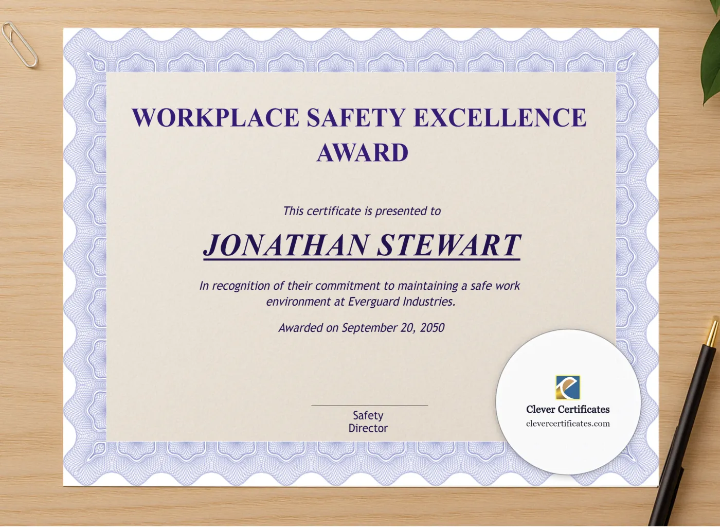 Professional preview of Safety Award Certificate certificate on high-quality stationery paper, ideal for showcasing the final look.