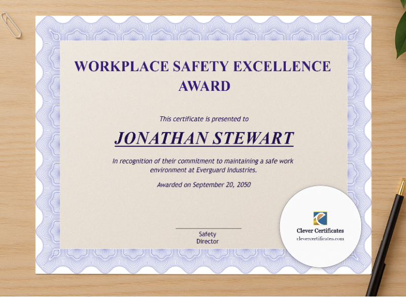 Professional preview of Safety Award Certificate certificate on high-quality stationery paper, ideal for showcasing the final look.