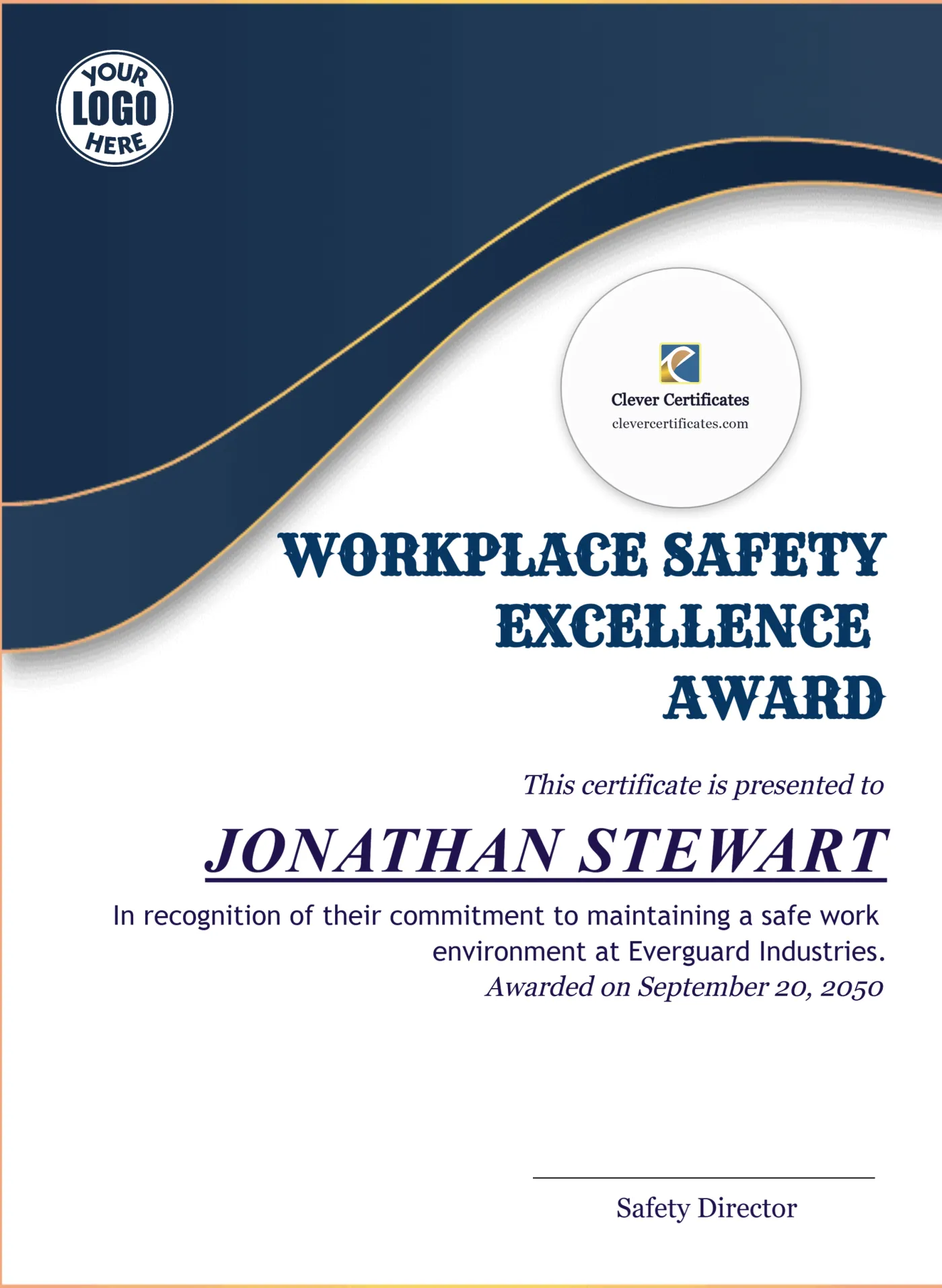 Safety Award Certificate Portrait — Certificate Template Preview