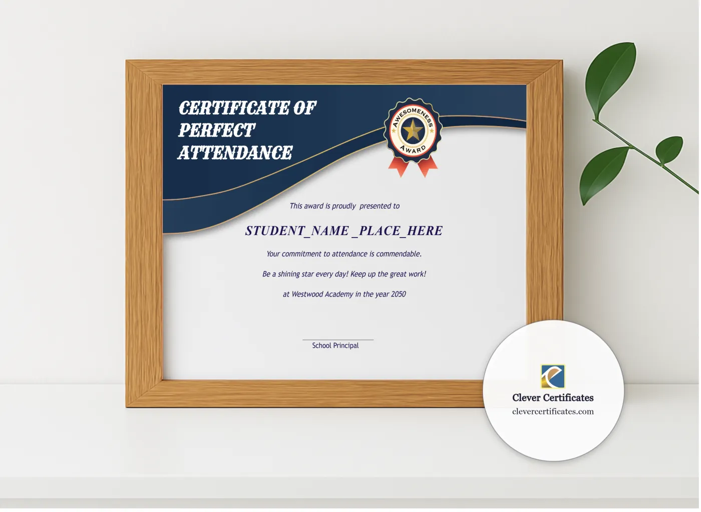 Realistic mockup featuring Perfect Attendance Certificate Landscape displayed within a modern frame, set against a minimalistic background.