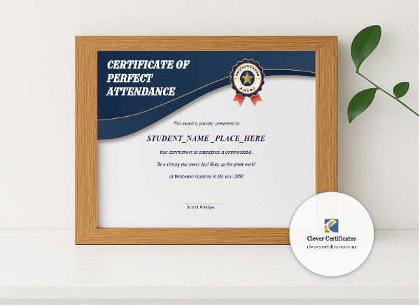 Realistic mockup featuring Perfect Attendance Certificate Landscape displayed within a modern frame, set against a minimalistic background.
