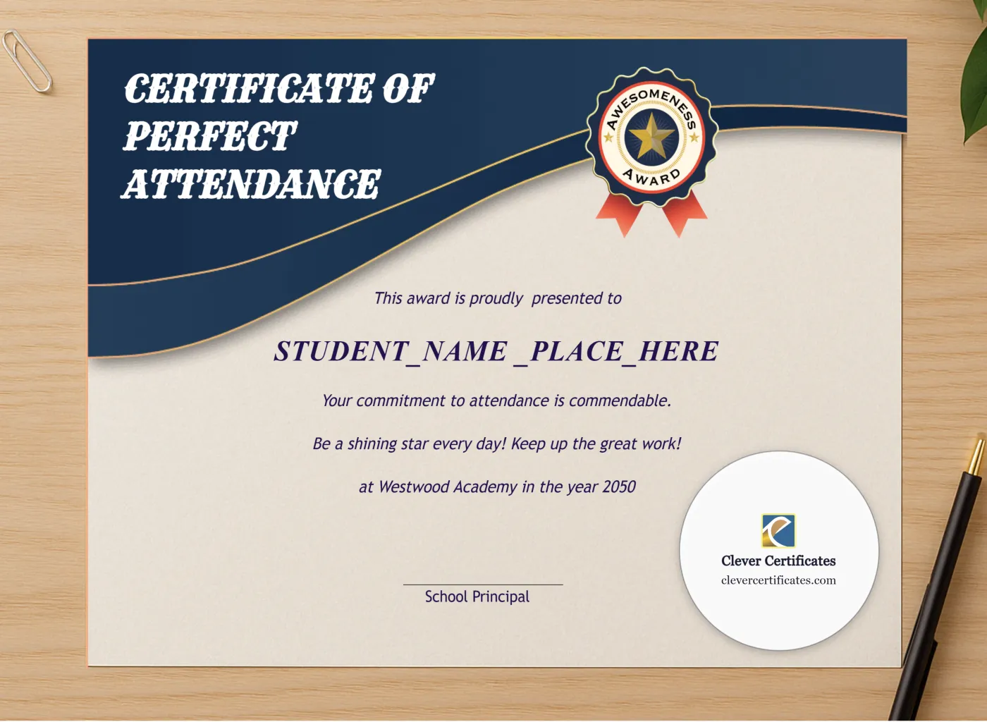 Professional preview of Perfect Attendance Certificate Landscape certificate on high-quality stationery paper, ideal for showcasing the final look.