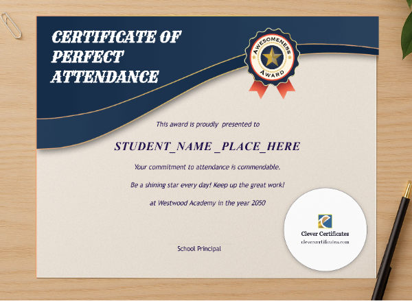 Professional preview of Perfect Attendance Certificate Landscape certificate on high-quality stationery paper, ideal for showcasing the final look.