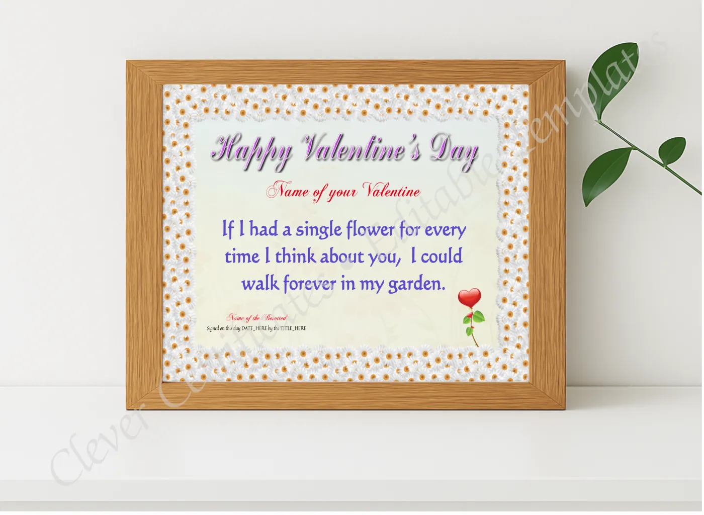 Realistic mockup featuring My Valentine Forever Certificate displayed within a modern frame, set against a minimalistic background.