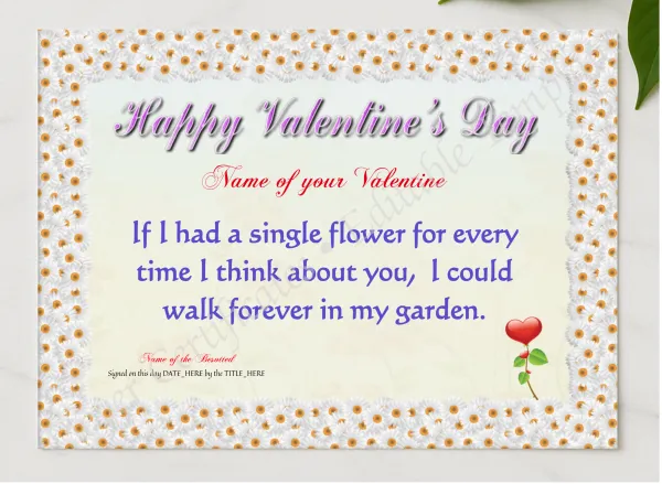 My Valentine Forever Certificate presented in a sleek wooden frame, elegantly arranged on a stylish table.