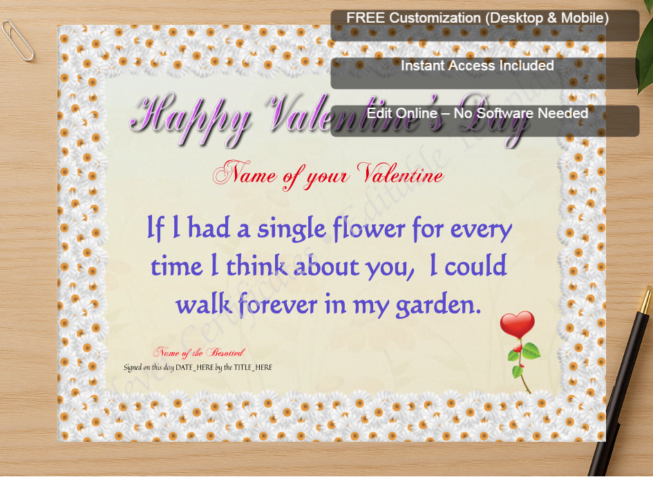 Zoomed preview with Free Editor badge stack for My Valentine Forever Certificate