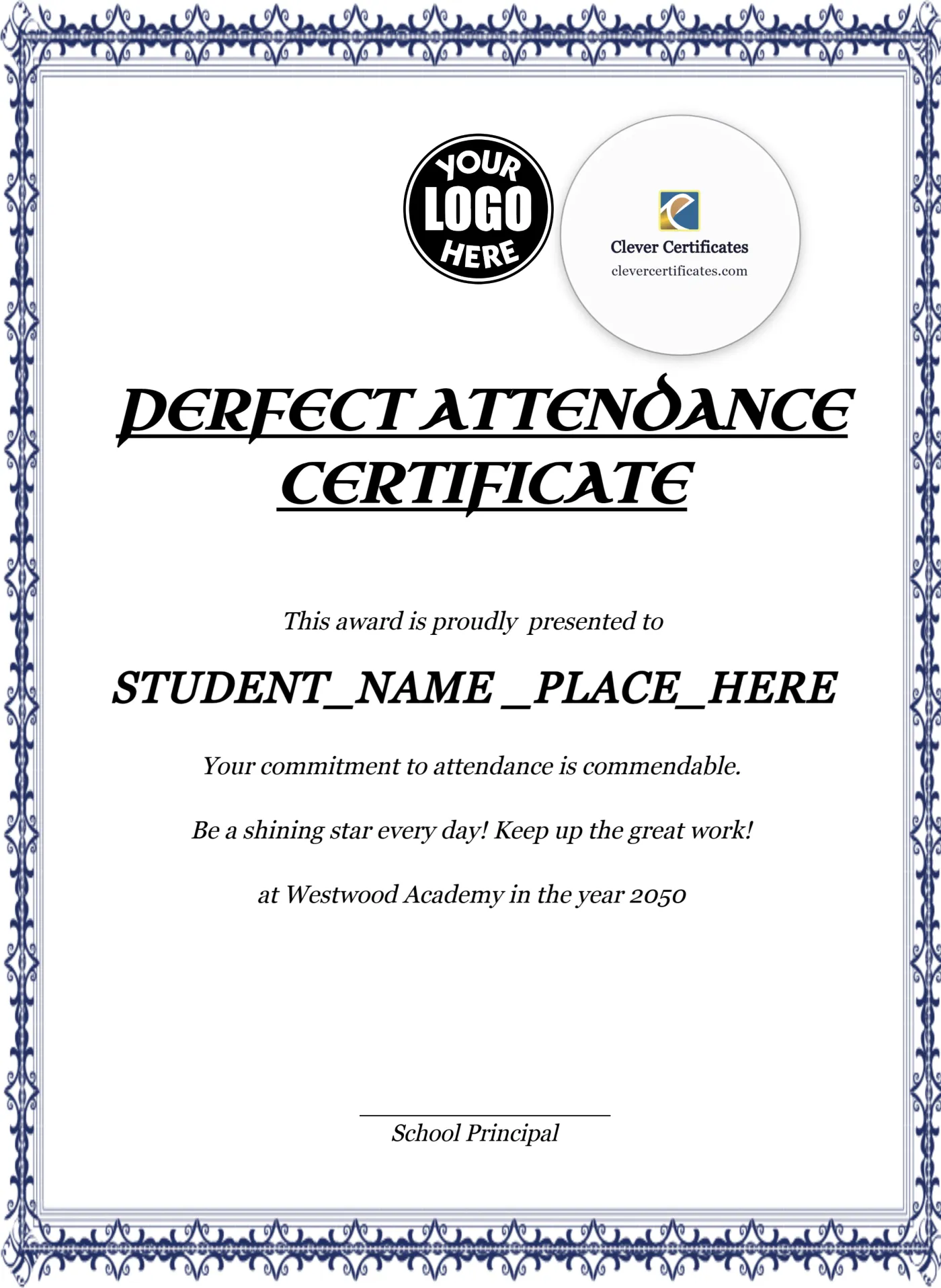 Perfect Attendance Certificate Portrait — Certificate Template Preview