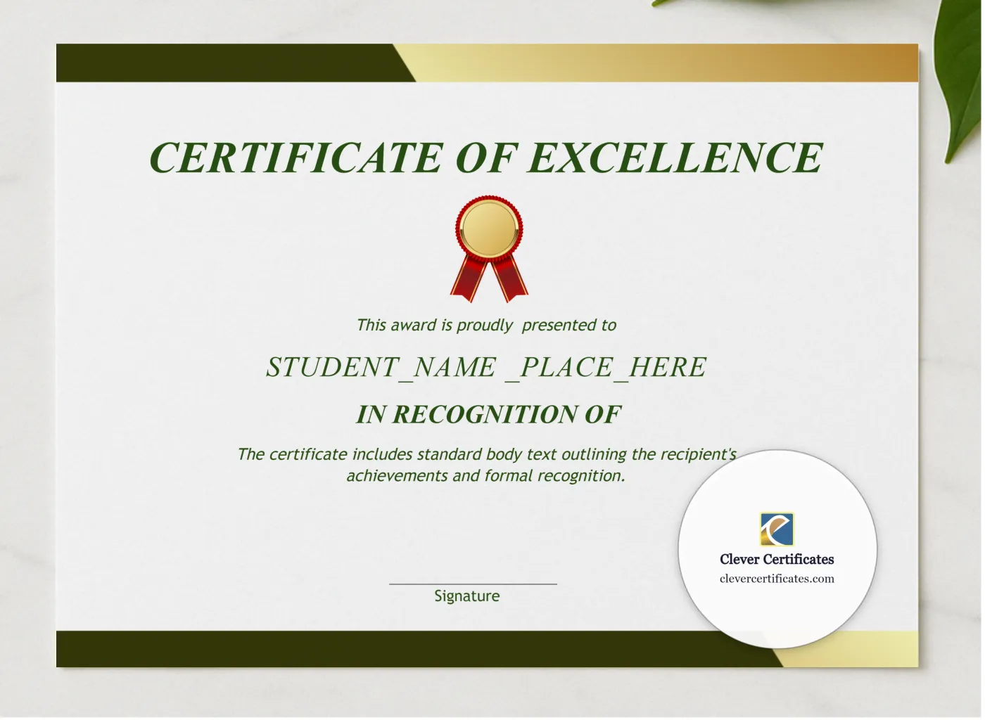 Certificate of Excellence Landscape presented in a sleek wooden frame, elegantly arranged on a stylish table.