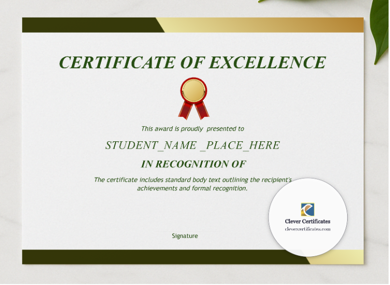 Certificate of Excellence Landscape presented in a sleek wooden frame, elegantly arranged on a stylish table.