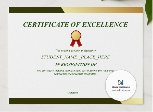 Certificate of Excellence Landscape presented in a sleek wooden frame, elegantly arranged on a stylish table.