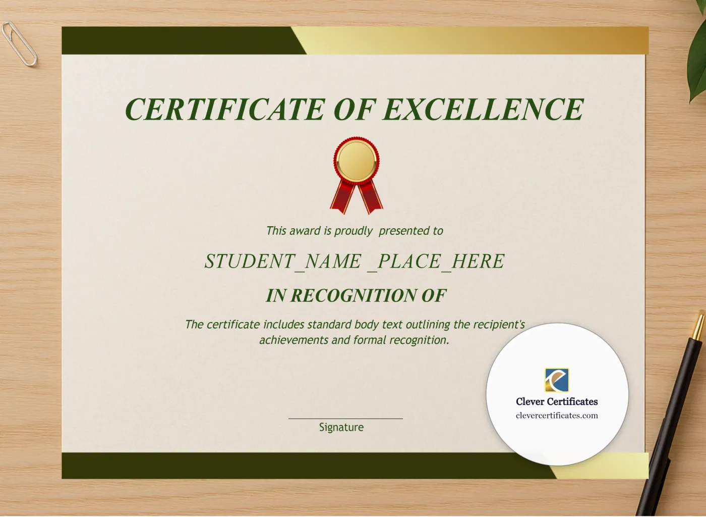 Professional preview of Certificate of Excellence Landscape certificate on high-quality stationery paper, ideal for showcasing the final look.