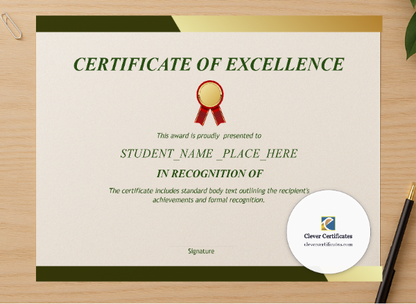Professional preview of Certificate of Excellence Landscape certificate on high-quality stationery paper, ideal for showcasing the final look.