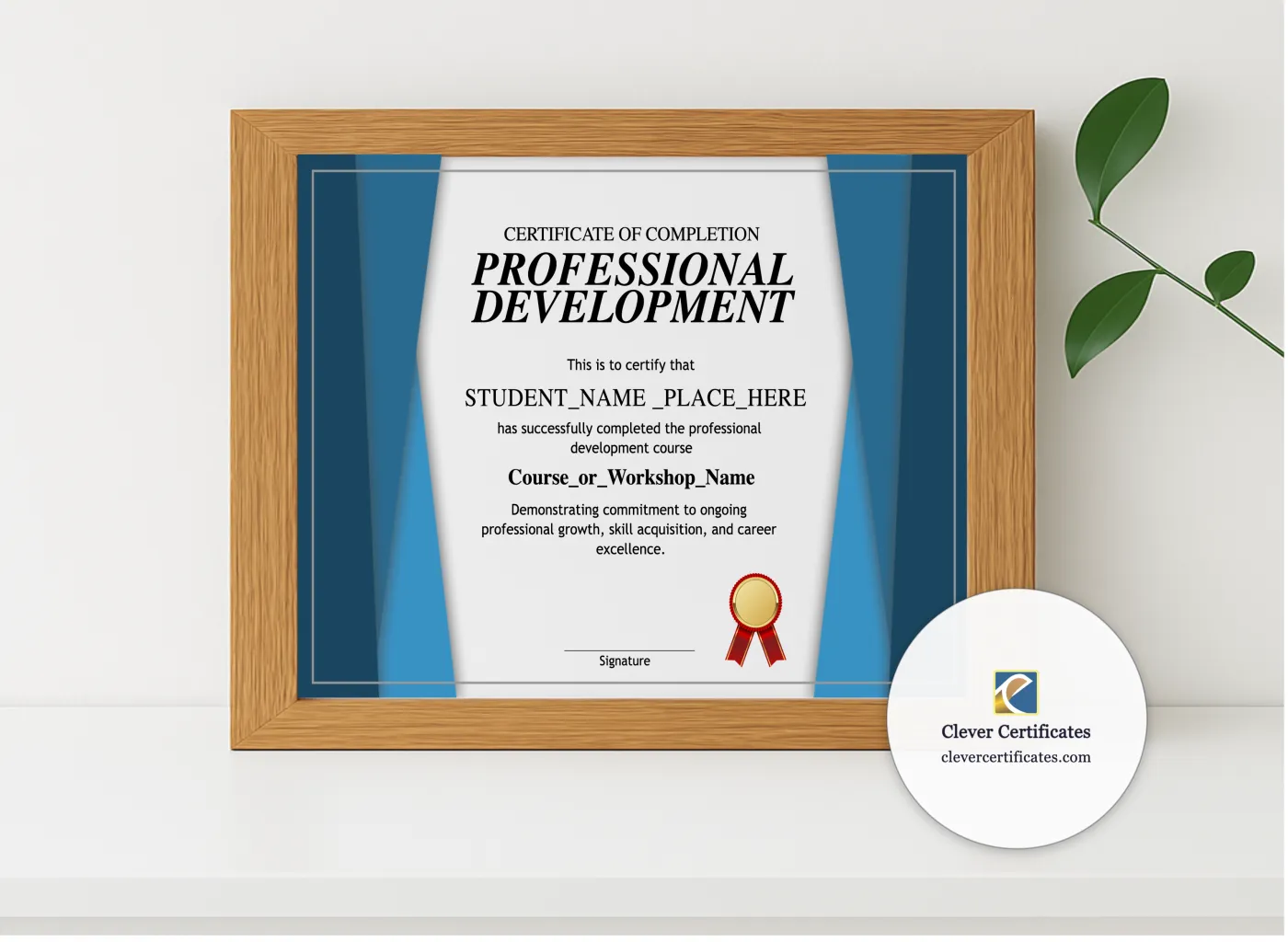 Realistic mockup featuring Professional Development Certificate displayed within a modern frame, set against a minimalistic background.