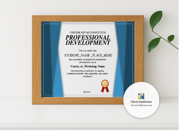 Realistic mockup featuring Professional Development Certificate displayed within a modern frame, set against a minimalistic background.