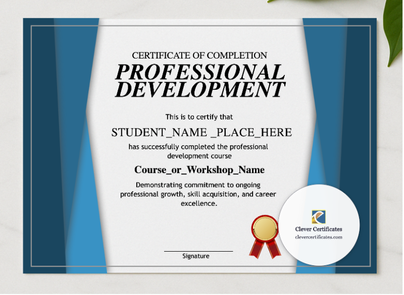 Professional Development Certificate presented in a sleek wooden frame, elegantly arranged on a stylish table.