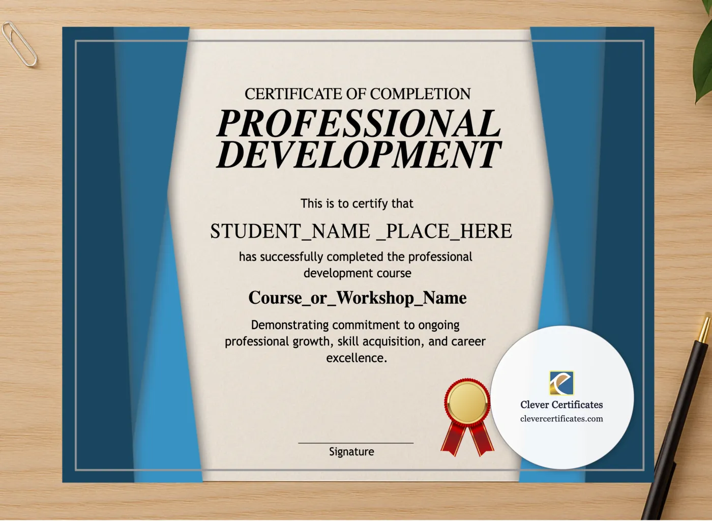 Professional preview of Professional Development Certificate certificate on high-quality stationery paper, ideal for showcasing the final look.