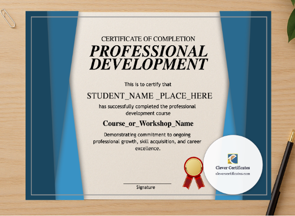 Professional preview of Professional Development Certificate certificate on high-quality stationery paper, ideal for showcasing the final look.