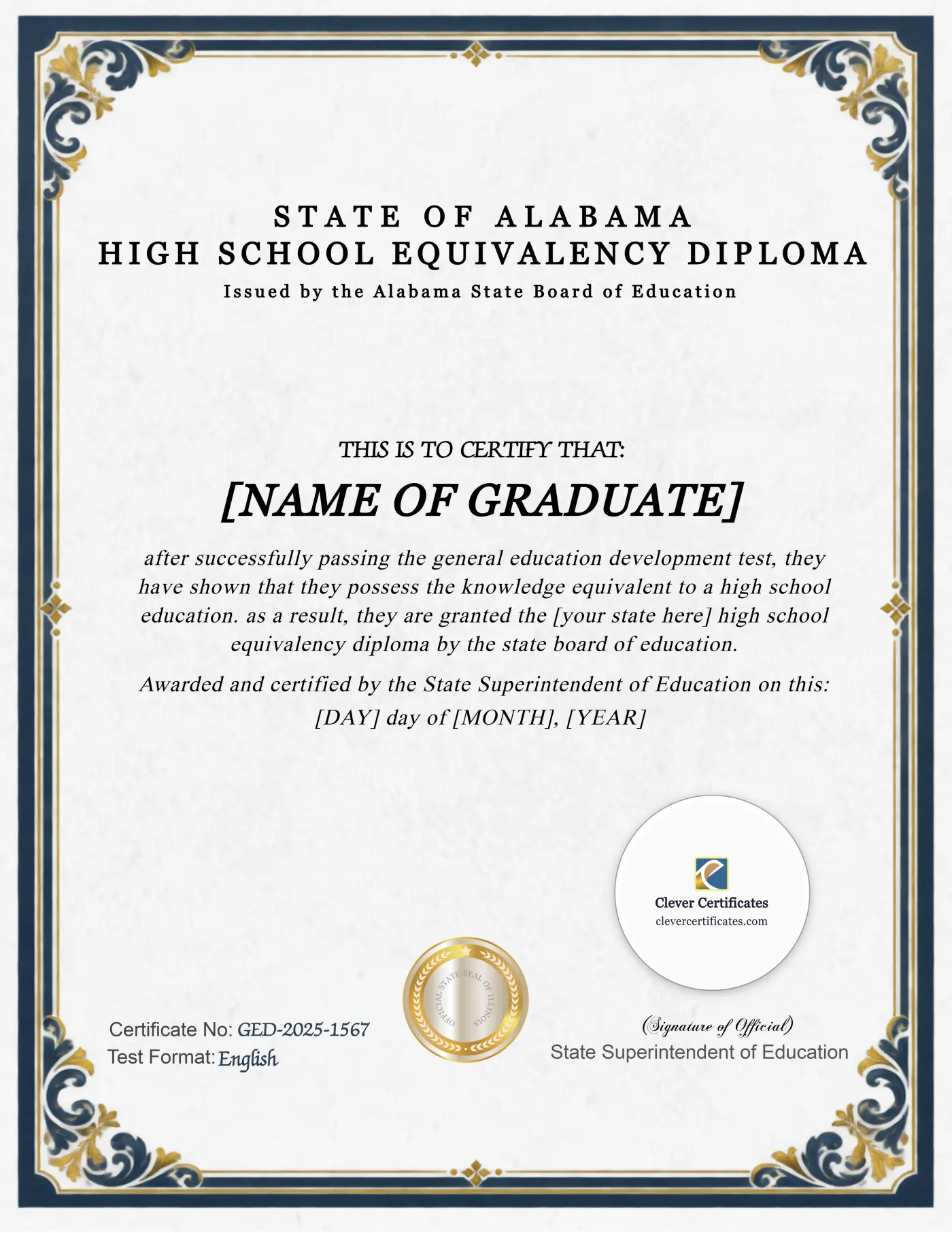 Alabama GED Portrait — Certificate Template Preview