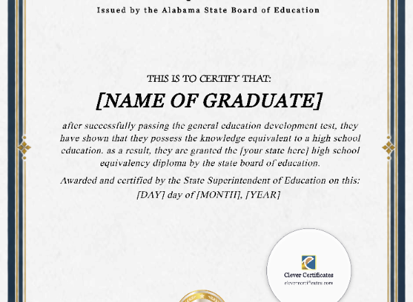 Alabama GED Portrait — Certificate Template Preview